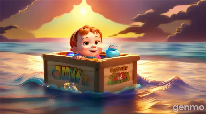 3d animation cartoon wood box contain baby human bring by ocean waves