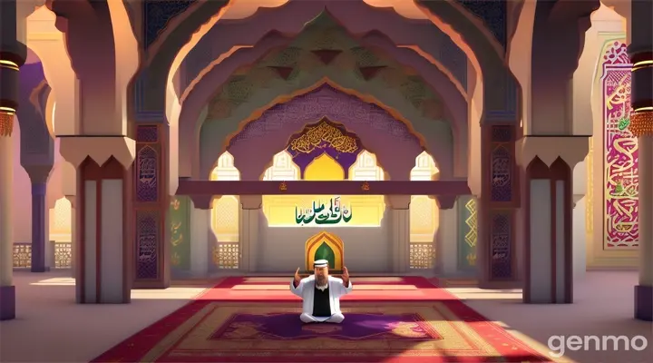 Animated video,After Eid prayer, the imam (wearing Islamic dress) emphasized giving sacrificial meat to the poor. 