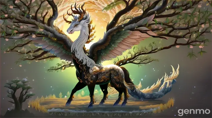

A wise and ancient tree spirit, its gnarled branches reaching towards the heavens as it watches over the enchanted forest with a serene and knowing presence.A mystical kirin, its elegant form adorned with shimmering scales and flowing mane, galloping gracefully through a serene bamboo forest as cherry blossoms bloom in its wake.

A celestial phoenix dragon, its massive wings spread wide as it ascends into the star-studded sky, leaving trails of sparkling stardust in its wake.

