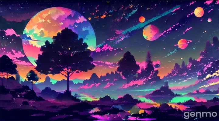 a painting of a landscape with planets and trees