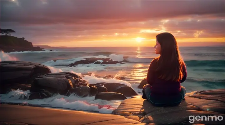 Woman see the sea wave seating on beach side