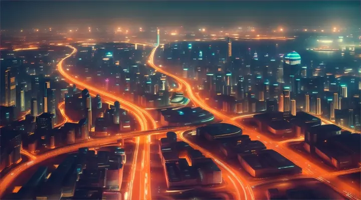 Aerial view of city at night. Location: City with bright lights and traffic. Objects: Skyscrapers and busy roads