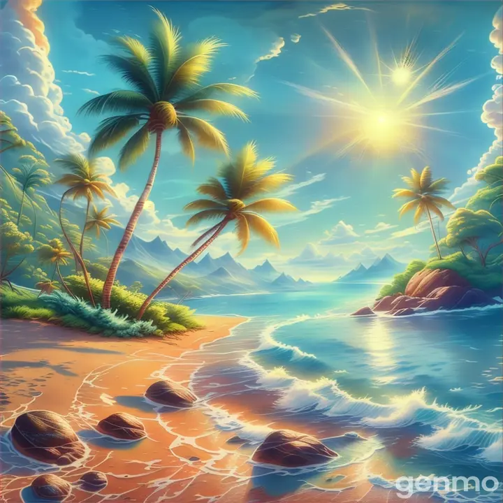 a painting of a tropical beach with palm trees