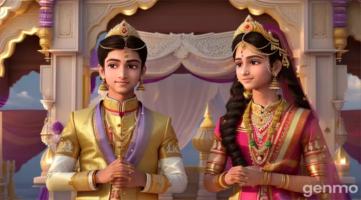 The 3D rendering scene transitions to a vibrant color temple, showing a simple yet elegant wedding ceremony. Prince Varun, a 16-year-old fair-skinned prince, wearing modest attire, is marrying Princess Sunaina. Sunaina: A 14-year-old, fair, and handsome prince, wearing traditional royal attire, showing poise and elegance. Dressed in stunning royal attire, his appearance is regal and commanding. Vibrant colors and 3D rendering. They exchange garlands and vows amidst the serene surroundings of the temple.