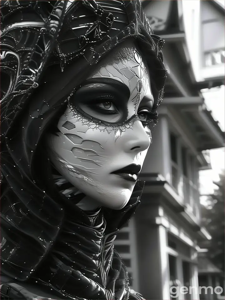 a woman wearing a black and white mask