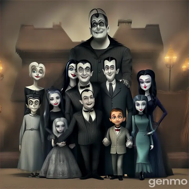 The Munsters family and the Addams family together outside the mansion hugging in   all together Herman Munster, Lily Dracula Munster Children Eddie Munster, Marilyn Munster niece, Sam Dracula, Grandpa with Gomez and Morticia Addams, their children Wednesday and Pugsley, and their closest relatives, Uncle Stink and Grandma, their butler Lurch, hugging in the mansion 3d digital caricature Pixar Foreground 