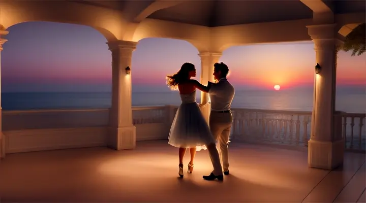A man and a woman in love dancing under the stars on a terrace overlooking the sea with soft lights and candles around
