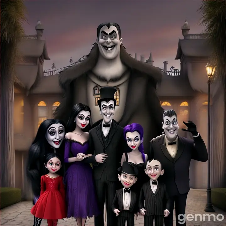 The Munsters family and the Addams family together outside the mansion hugging in   all together Herman Munster, Lily Dracula Munster Children Eddie Munster, Marilyn Munster niece, Sam Dracula, Grandpa with Gomez and Morticia Addams, their children Wednesday and Pugsley, and their closest relatives, Uncle Stink and Grandma, their butler Lurch, hugging in the mansion 3d digital caricature  Foreground 