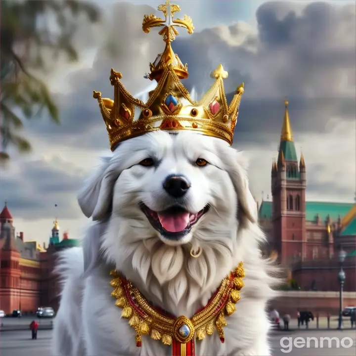 a white dog wearing a gold crown on top of it's head