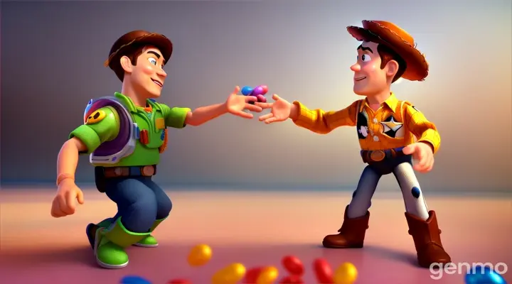 Man catching boy just before he grabs the jellybeans. 3D cartoon 