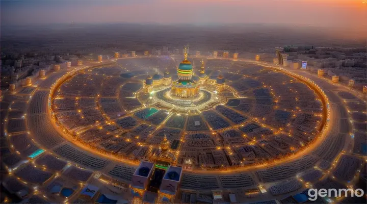 Opening Scene: Captivating aerial view of Makkah, with pilgrims gathering around the Kaaba