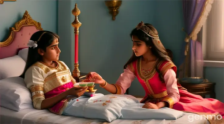 Princess Sunaina: A 14-year-old, fair and beautiful princess, dressed in traditional simple attire, showing poise and grace, feeding medicin to Prince Varun who is a 16-year-old sick fair-skinned prince, dressed in modest attire, lying on the bed. The princess' actions are gentle and caring, highlighting her dedication and love.