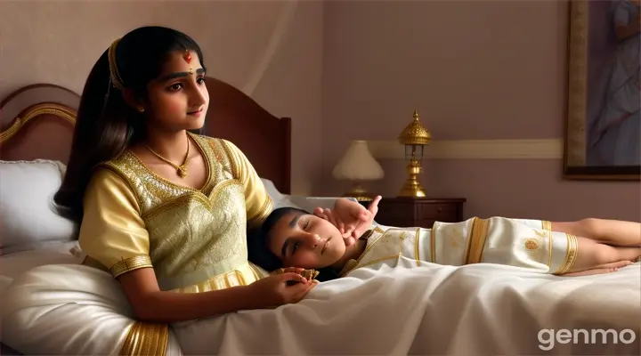 Princess Sunaina: A 14-year-old, fair and beautiful princess, dressed in traditional simple attire, showing poise and grace, feeding medicin to Prince Varun who is a 16-year-old sick fair-skinned prince, dressed in modest attire, lying on the bed. The princess' actions are gentle and caring, highlighting her dedication and love.