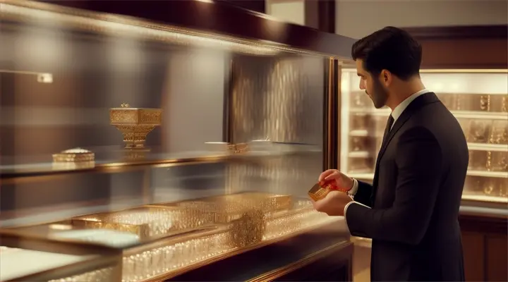 A man buying a gift for his beloved woman Characters in a jewelry shop. Objects: Display case and gift box