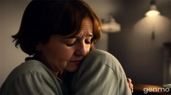 a caucasian mother in her 40s hugging a sad boy, dimly lit room, gloomy atmosphere, window, shadows, slow movement, stability. hyper realistic, cinematic view. avoid deformity, avoid ugly