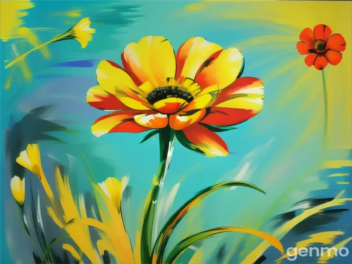 Drawing: bright day, stylized eschscholzia flower with a stem against a background of blue sky and yellow sun (large strokes with strokes, strokes, blots) On an abstract pop art background with spots and strokes. 
Рисунок: яркий день, стилизованная эшшольция со стеблем на фоне голубого неба и жёлтого солнца (крупные штрихи со штрихами, штрихами, кляксами) На абстрактном фоне поп-арта с пятнами и штрихами.

