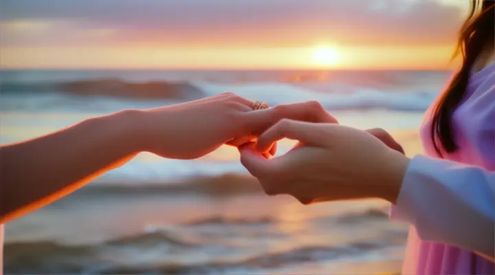 Close upCouple exchanging rings on a romantic, windswept beach, with waves crashing in the background