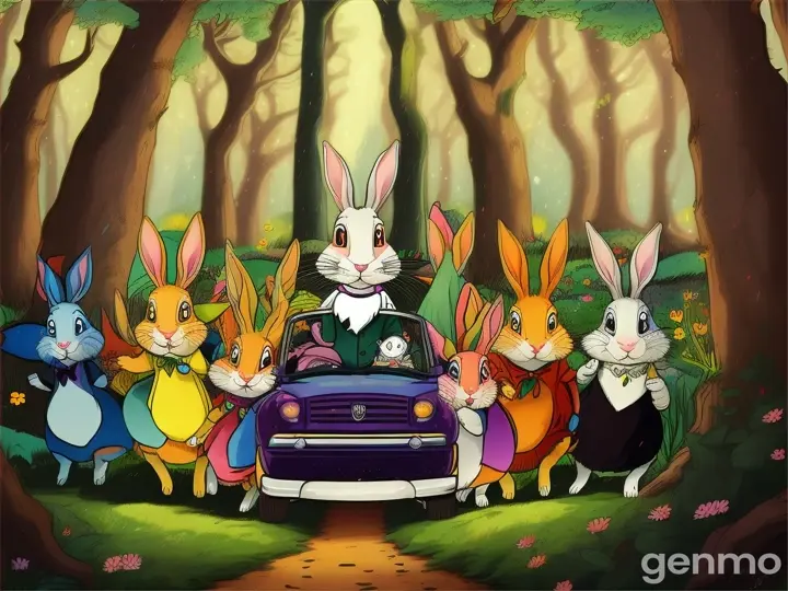 terrified rabbits are guided safely one by one. cartoon illustration