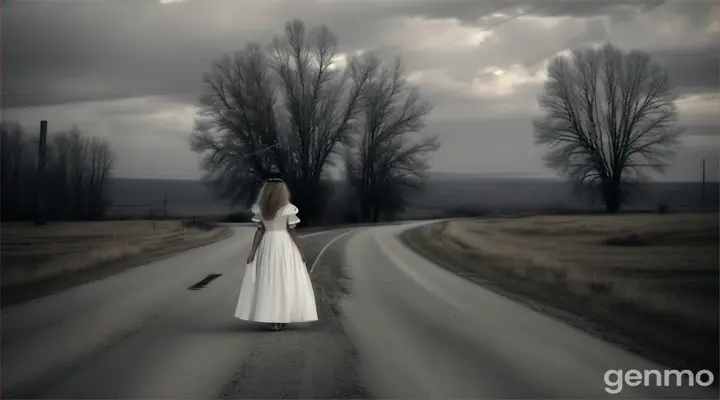 a serbian Dancing lady standing on a road in white dress infront of a house. at that house from a window a girl is looking toward the lady. Thhe camera angle would be from behind of the white dressed lady. at mid night. creepy