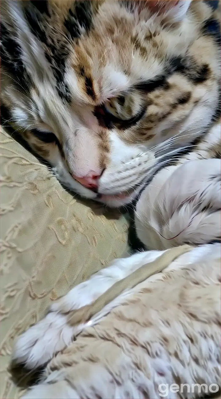 a close up of a cat laying on a bed