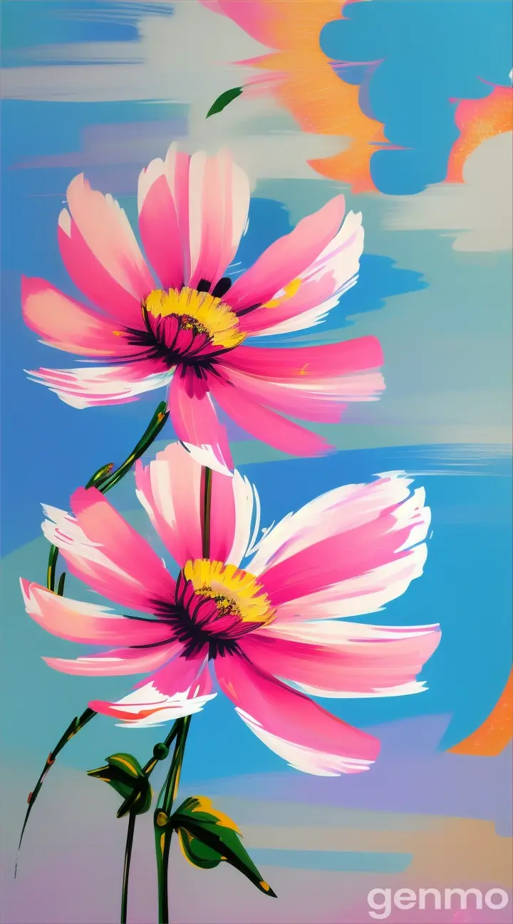 Drawing: bright day, stylized single pink  cosmos flower with a stem against a background of blue sky and sun (large brushstrokes with strokes, dashes, blots) On an abstract pop art background with spots and strokes. 
Рисунок: яркий день, стилизованный одиночный розовый цветок космея со стеблем на фоне голубого неба и солнца (крупные мазки с штрихами, черточками, кляксами) На абстрактном фоне поп-арта с пятнами и штрихами.
