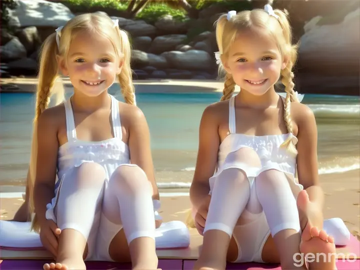 Two little girls, age 6 years old, 7 yo, pigtails, white beach wear bikini bodystockings, bare feet, sit down splits, arms up, smile, legs up, blonde, close up