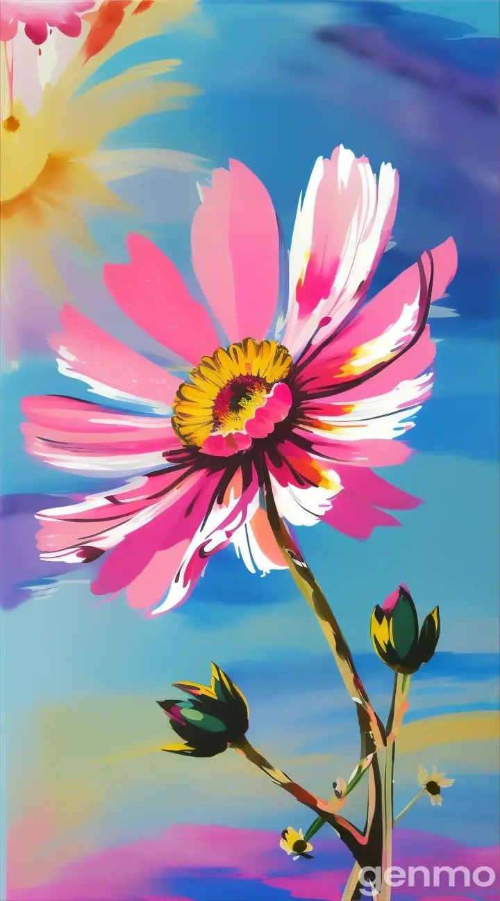 Drawing: bright day, stylized single pink  cosmos flower with a stem against a background of blue sky and sun (large brushstrokes with strokes, dashes, blots) On an abstract pop art background with spots and strokes. 
Рисунок: яркий день, стилизованный одиночный розовый цветок космея со стеблем на фоне голубого неба и солнца (крупные мазки с штрихами, черточками, кляксами) На абстрактном фоне поп-арта с пятнами и штрихами.
