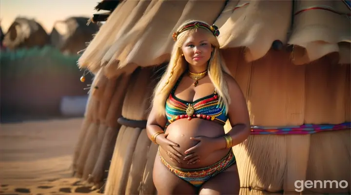 beautiful pragnent blonde Russian woman plus size, Long zulu hair, Zulu traditional swimsuit and jewellry for plus size, Zulu village Hut