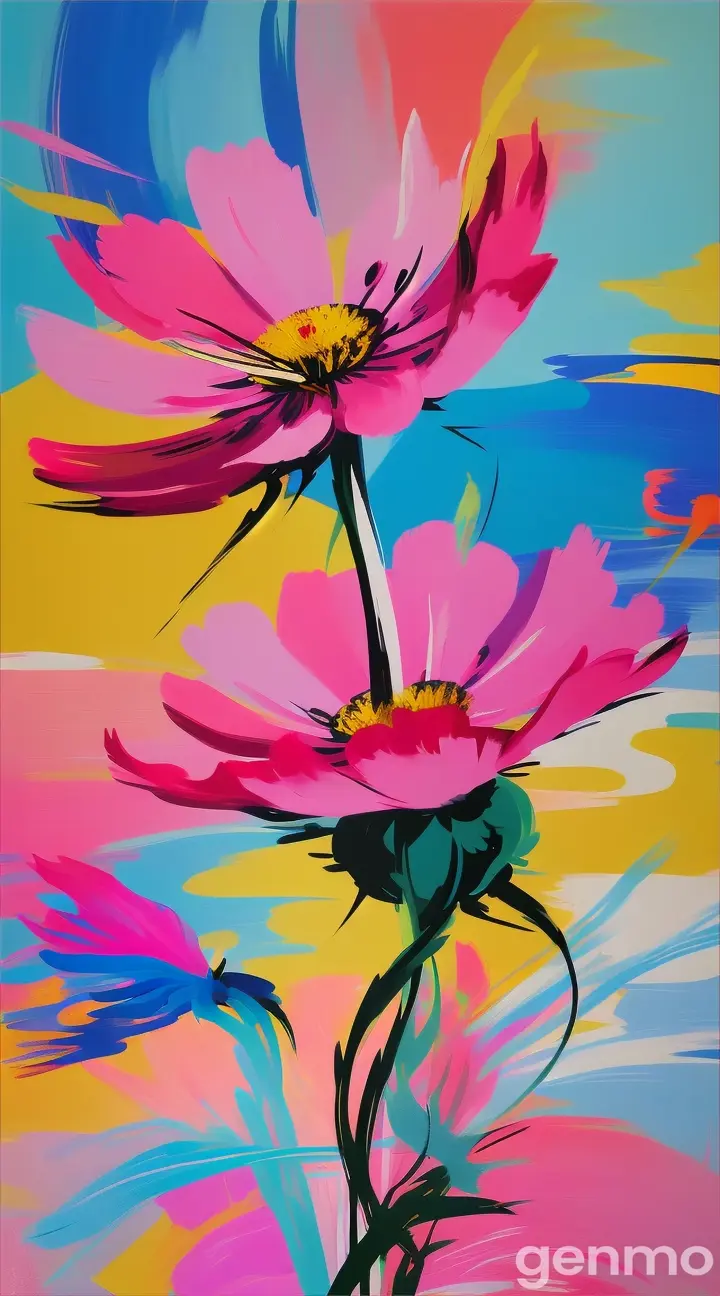 Drawing: bright day, stylized single pink  cosmos flower with a stem against a background of blue sky and sun (large brushstrokes with strokes, dashes, blots) On an abstract pop art background with spots and strokes. 
Рисунок: яркий день, стилизованный одиночный розовый цветок космея со стеблем на фоне голубого неба и солнца (крупные мазки с штрихами, черточками, кляксами) На абстрактном фоне поп-арта с пятнами и штрихами.
