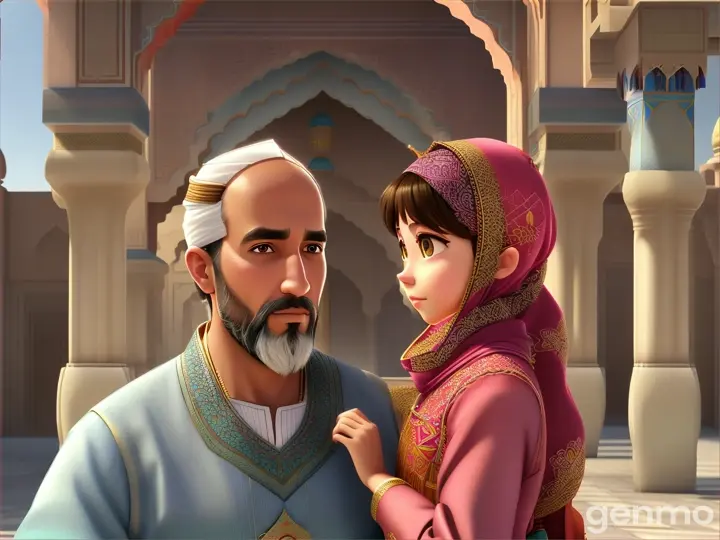 Animated,The in islamic dress,father and daughter looking front