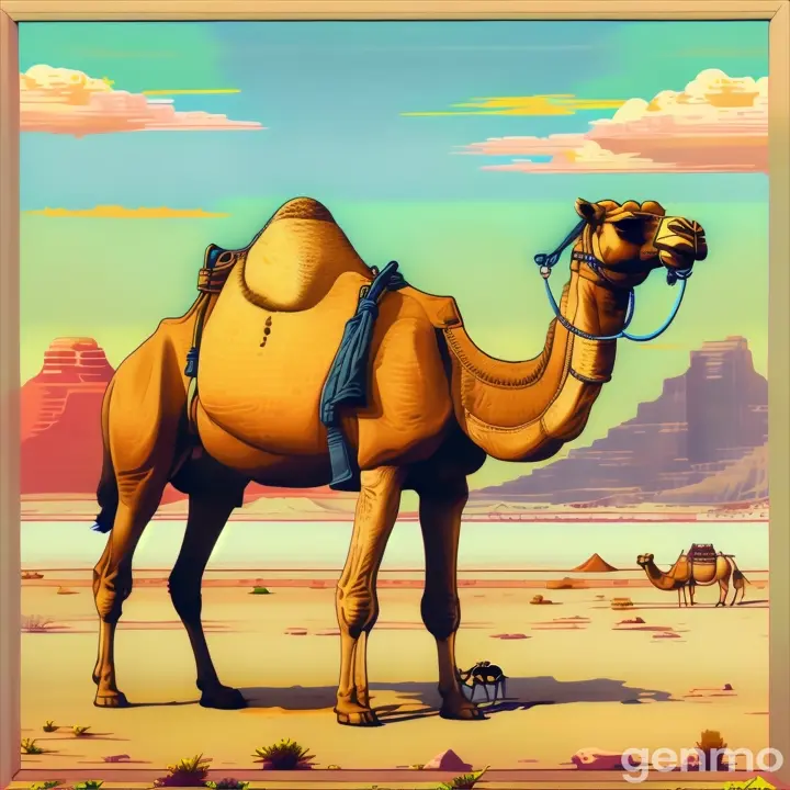 a painting of a camel in the desert