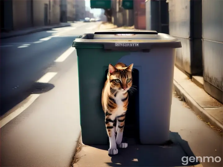 Kitty cat is really hungry but nothing to eat near city trash bin