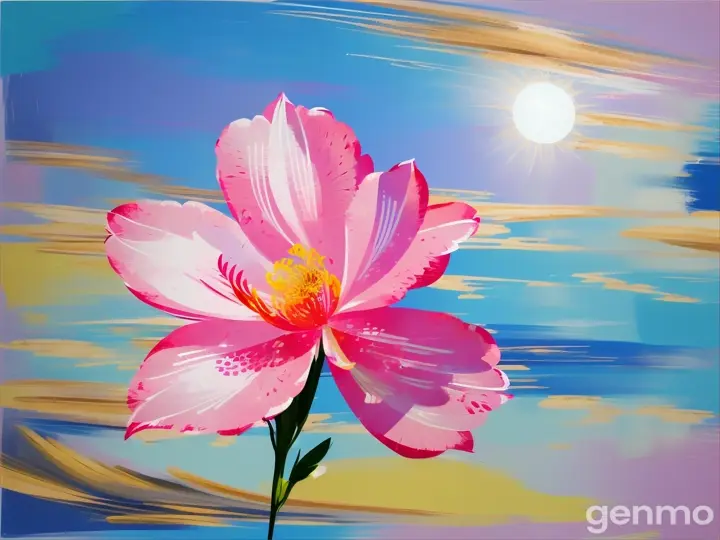 Drawing: bright day, stylized single pink  azalea flower with a stem against a background of blue sky and sun (large brushstrokes with strokes, dashes, blots) On an abstract pop art background with spots and strokes. 
Рисунок: яркий день, стилизованный одиночный розовый цветок азалия со стеблем на фоне голубого неба и солнца (крупные мазки с штрихами, черточками, кляксами) На абстрактном фоне поп-арта с пятнами и штрихами.
