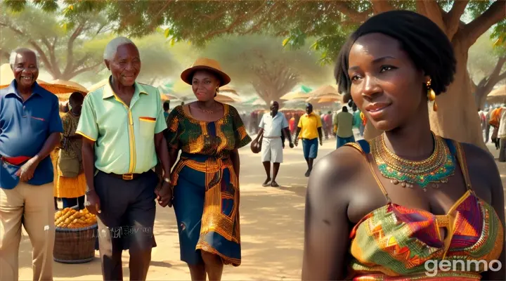 A beautiful African woman coming home from the market and meets an elderly man sitting under a big tree. 16:9  4k