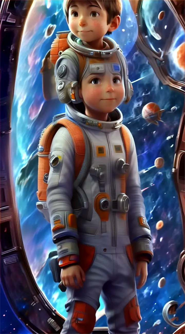 a boy in a space suit standing in front of a window