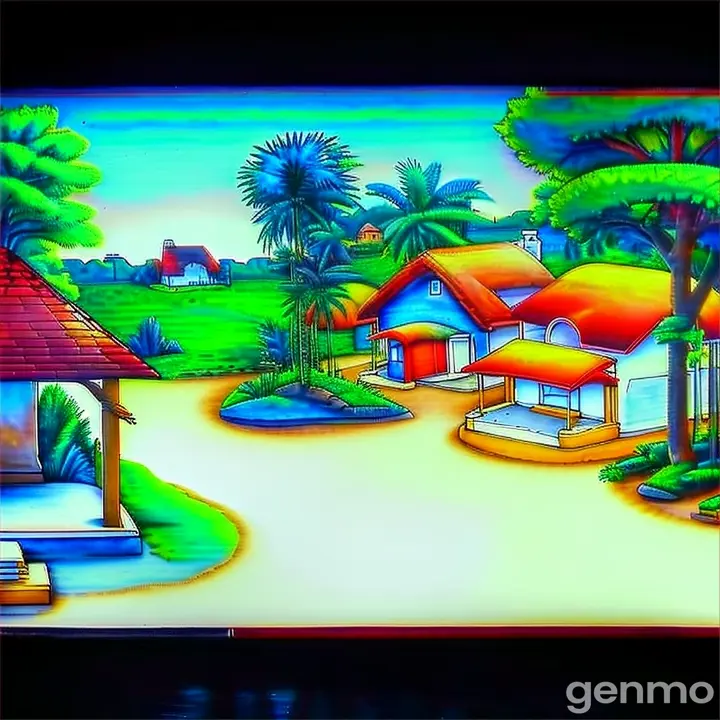 a painting of a village with a red roof