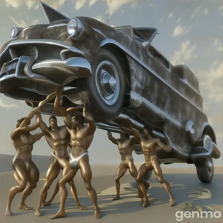 a group of Completely abstract men standing next to a car