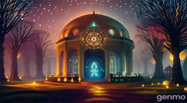 Glowing tombs in a mystical, otherworldly garden, surrounded by a glowing aura of stars and planets