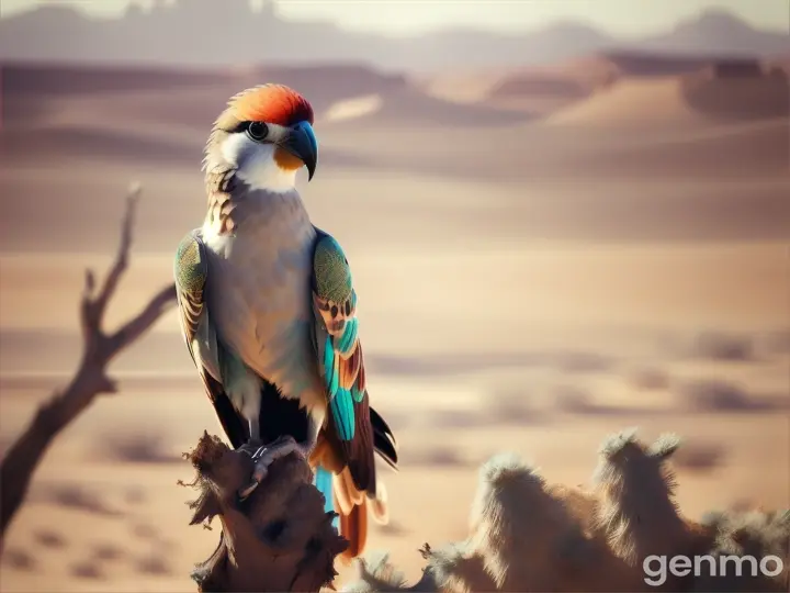 A hazy mirage in the backdrop mimics Emma's pose, as a solitary colorful bird perches above her on a withered branch