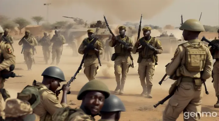 low angle, dolly in, african soldiers, celebrating victory