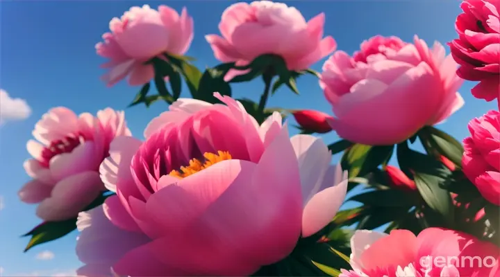 Vibrant peonies with deep, bold colors blow gently in the wind against a bright blue sky