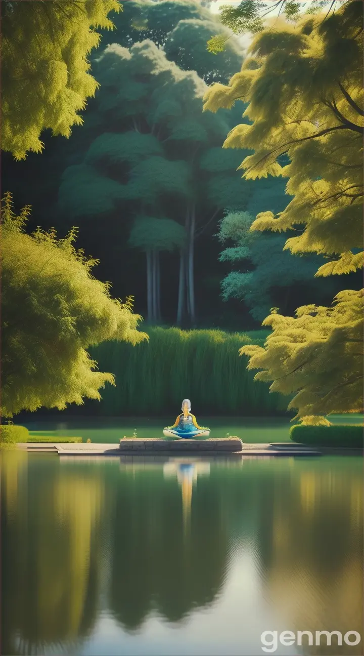 A person meditating in a beautiful garden with a lake