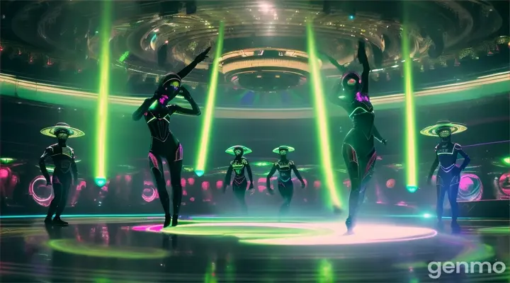 Outline. On an unknown planet, similar to Saturn, a large dance floor with many disco lights, mirror balls, lighting towers, on the dance floor actively dancing humanoid aliens, with predatory faces of monsters, with burning green eyes, they are dressed in black futuristic suits, they have fingers with long claws, blue glowing skin, from which shimmer running neurons. A space atmosphere, with large planets hanging in the sky behind them. Mysteriously predatory look. natural colors, vivid colors, intricate detail, high detail, realistic, cinematic, studio shooting, wide angle lens, half angle shooting, sharp focus, better shadows, depth of field, ultra realistic detailed lighting, volumetric lighting, cinematic lighting, dramatic lighting, rays of light, cinematic, 8k, hdr, high resolution