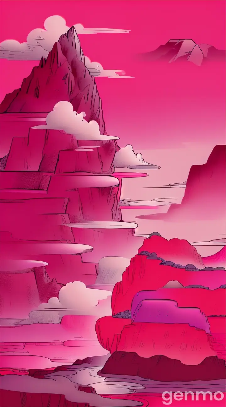 a drawing of a red and pink clouds with a mountain in the background