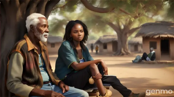 A beautiful black young woman standing close to an elderly homeless man in torn clothes who sits under a big tree in an African village. 16:9 ratio. 8k picture quality Realistic image.   