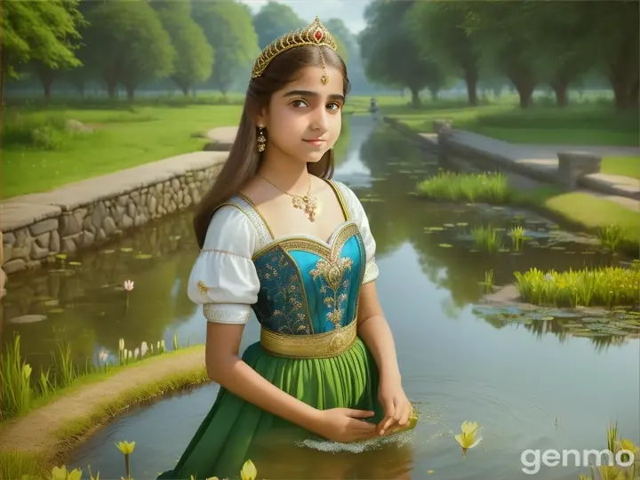 Show Princess Sunaina, a 14-year-old fair and beautiful princess adorned in simple yet elegant attire,  returning from the village, her arms laden with supplies. As she approaches the pond, her expression shifts from contentment to shock and concern.