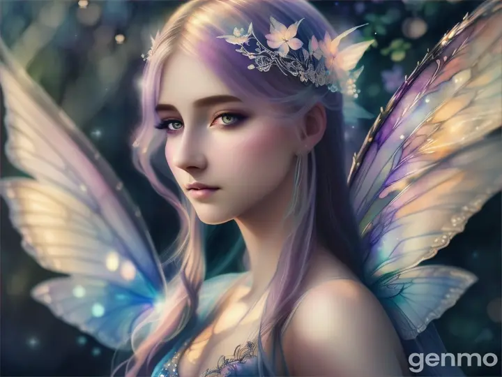 Ethereal fairy caught in moonlight, delicate watercolor on cold-press paper, capturing light and shadow