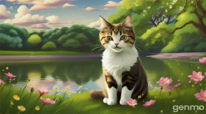 A cat is sitting on the bank of the river full of summer flowers. The sky is amazingly blue and the clouds are light like a feather. The trees are huge and branched