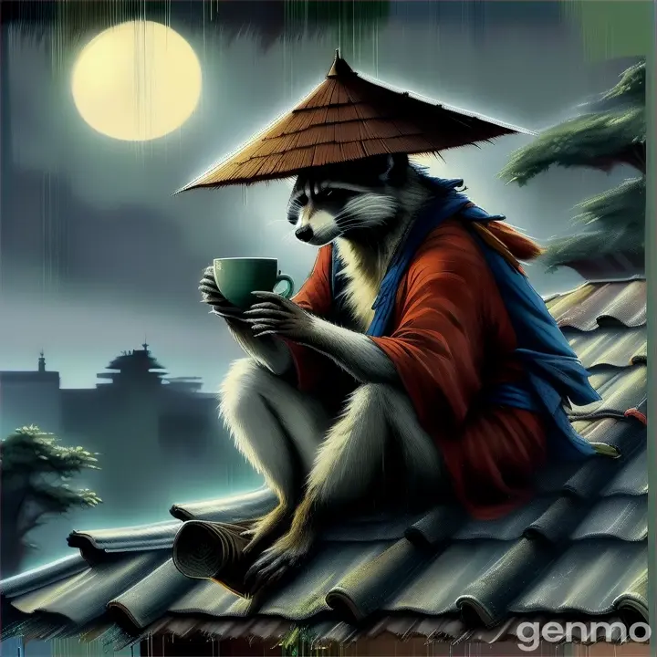 a painting of a racoon sitting on a roof holding a cup