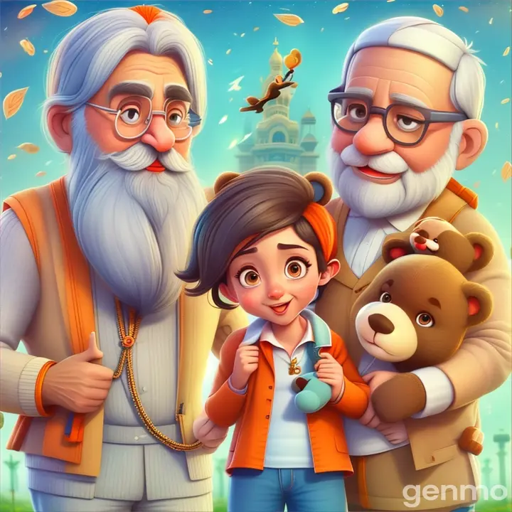 a cartoon picture of a man, woman, and child with a teddy bear